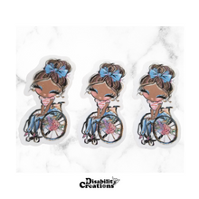 Load image into Gallery viewer, Three stickers of the "A Black Lady Using A Wheelchair Sticker, Brown Hair."