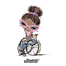 Load image into Gallery viewer, Dressed in a stylish white and pink horizontal striped shirt paired with comfy blue jeans, she adds a touch of playfulness with her flirty eyelashes and chic pink eyeglasses. Her lovely brown hair, adorned with pink highlights, is beautifully tied up in a bun, held together by a trendy pink and blue hair scrunchie. With her unique style and vibrant personality, she's a true representation of grace and individuality!