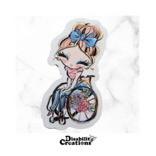 Load image into Gallery viewer, A Lady Using A Wheelchair, Blond Hair Sticker on top of a marble table.