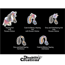 Load image into Gallery viewer, Black background featuring the hearing aid stickers collection. The Disability Creations logo is on the bottom center.