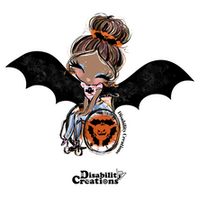 Load image into Gallery viewer, A sticker of a Black lady dressed as a bat, brown hair, her bat wings are open, and her wheelchair's wheels have three bats shaping a circle and making a pumpkin in the middle.