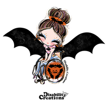 Load image into Gallery viewer, The design of the sticker. A sticker of a lady dressed as a bat, brown hair, her bat wings are open, and her wheelchair's wheels have three bats shaping a circle and making a pumpkin in the middle.