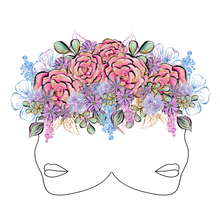 Load image into Gallery viewer, Bipolar Sticker: Two side profile outlines of females with full lips connected by the back of their heads with a crown of colorful flowers representing being bipolar.
