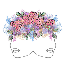 Load image into Gallery viewer, Bipolar Sticker: Two side profile outlines of females with full lips connected by the back of their heads with a crown of colorful flowers representing being bipolar.