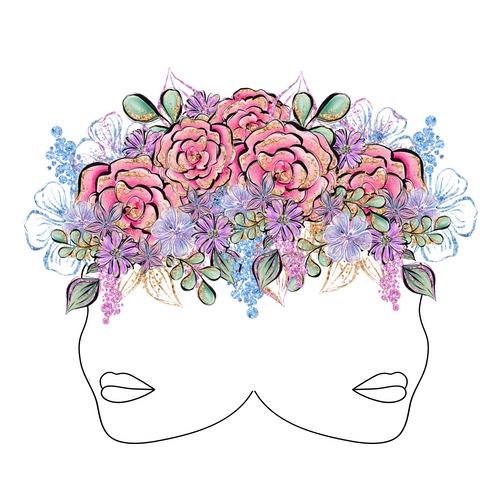 Bipolar Sticker: Two side profile outlines of females with full lips connected by the back of their heads with a crown of colorful flowers representing being bipolar.