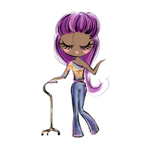 Load image into Gallery viewer, Black Lady With A Cane, Purple Hair Sticker: A cartoonish drawing of a black woman holding her walking cane with her right hand and left hand is up in the air. She is looking down with pink lips, long eyelashes, long purple hair, wearing a one-shouldered golden top and blue jeans.