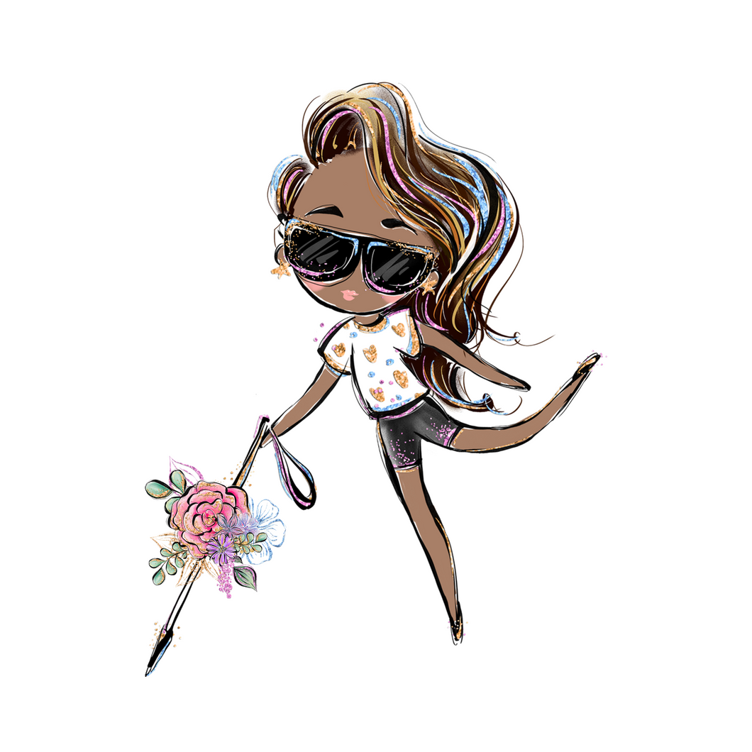 A cartoonish lady with a white cane that has flowers in the middle. She is on her tippy toes with her left leg swinging back. She is wearing a white flower shirt with black shorts. Her brown hair is to the side. Her hair and black sunglasses have tints of purple, blue, pink, and blond highlights.    
