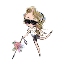 Load image into Gallery viewer, A cartoonish lady is walking with a white cane that has flowers in the middle. She is on her tippy toes with her left leg swinging back. She is wearing a white flower shirt with black shorts. Her blond hair is to the side. Her hair and black sunglasses have tints of purple, blue, and pink.    
