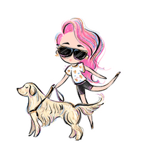 Load image into Gallery viewer, Blind Lady Walking With A Service Animal, Pink Hair Sticker: A cartoonish lady walking with her service animal, a Golden Retriever. Mystical on her tippy toes with her left leg swinging back. She is wearing a white flower shirt with black shorts. Her pink hair is to the side. Her hair and black sunglasses have tints of purple, blue, and blond highlights.