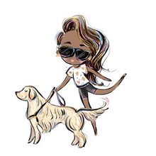 Load image into Gallery viewer, A cartoonish lady is walking with her service animal, a Golden Retriever. She is on her tippy toes with her left leg swinging back. She is wearing a white flower shirt with black shorts. Her brown hair is to the side. Her hair and black sunglasses have tints of purple, blue, pink, and blond highlights.