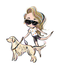 Load image into Gallery viewer, A cartoonish lady is walking with her service animal, a Golden Retriever. She is on her tippy toes with her left leg swinging back. She is wearing a white flower shirt with black shorts, her blond hair is to the side. Her hair and black sunglasses have tints of purple, blue, and pink.