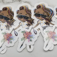 Load image into Gallery viewer, Four stickers line up, featuring the deep brown skin and brown hair option.