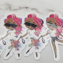 Load image into Gallery viewer, Three stickers lined up, featuring the deep brown skin and dyed pink hair option.