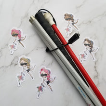 Load image into Gallery viewer, All the sticker options surrounding a white cane.