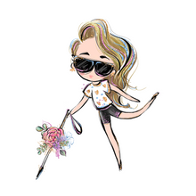 Load image into Gallery viewer, This design of the Blind Woman with a White Cane sticker features the light skin and blond hair option.