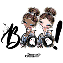 Load image into Gallery viewer, The Boo! shirt design. A white t-shirt that says Boo! with two ladies using their wheelchairs side to side. The letters &quot;O&quot; are replaced by black wheels with a ghost in the center. A ghost cat is claiming down the &quot;B.&quot; The first lady is black, wearing a white and pink shirt with a ghost saying Boo! shirt. The lady next to her has dangling ghost earrings. 
