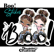 Load image into Gallery viewer, The sticker with a black background. On the top left it says Boo! Stickers.