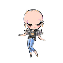 Load image into Gallery viewer, A cartoonish drawing of a dancing, smiling woman with eyes closed. She is wearing blue jeans, a flowy black shirt with a golden heart matching her shoes, belt, and earrings.