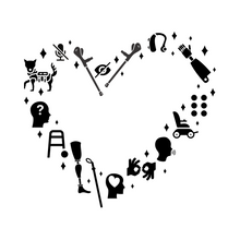 Load image into Gallery viewer, A heart shape created with disability icons and different diamond sizes. The icons are a microphone with a line across for people that are mute, a hearing aid, a prosthesis hand, a Braille cell, an electric wheelchair, an sign language interpretation sign, a white cane, a walker, a forearm crutch, a prosthesis leg, a silhouette of a person's head with a question mark for people with memory loss, a service dog, a silhouette of a person's head with a heart for mental illness, and a hidden disability icon.