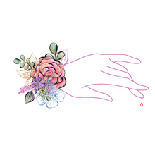 Load image into Gallery viewer, A light pink/purple hand outline with fingers spread out. The middle finger points down with a dot of blood and a blood drop outline dropping. There is a small collection of flowers at the wrist.