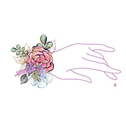A light pink/purple hand outline with fingers spread out. The middle finger points down with a dot of blood and a blood drop outline dropping. There is a small collection of flowers at the wrist. 