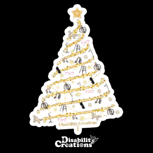 A golden Christmas tree adorned with disability ornaments, including white canes, canes, walkers, wheelchairs, service dogs, hearing aids, and eyeglasses.