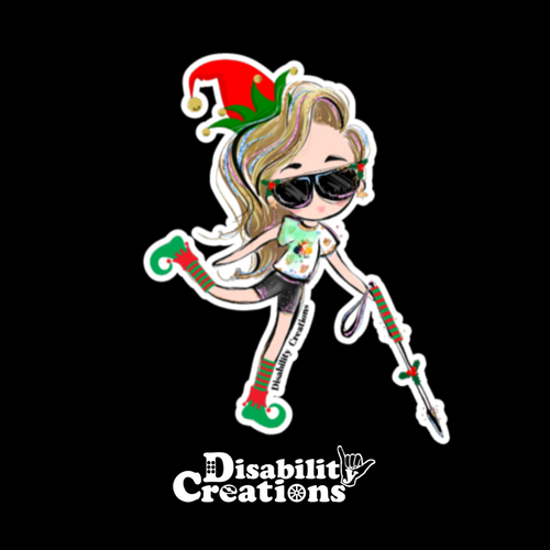 A cartoonish lady gracefully uses a white cane adorned with Christmas flowers in the middle of the shaft. With her left leg swinging back, she stands on her tippy toes, exuding a joyful spirit. The lady wears an elf hairband and shoes, her blond hair cascading to the side, while her stylish black sunglasses sport delightful purple, blue, and pink tints.