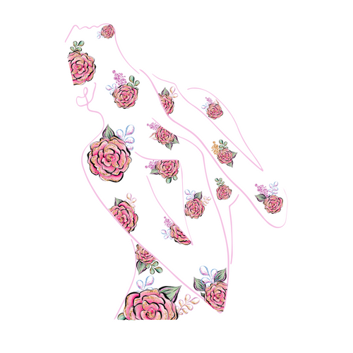 A pink outline of a woman figure with hands resting near her neck facing up to the sky in distress. Pink flowers throughout her body.             