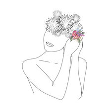Load image into Gallery viewer, Minimal line illustration of a portrait of a woman using her hands to place a flower behind her. Replacing the top of her head are black fireworks expressing a migraine.