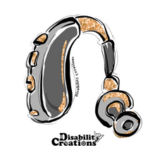 Load image into Gallery viewer, The design of the sticker. A grey and gold hearing aid.