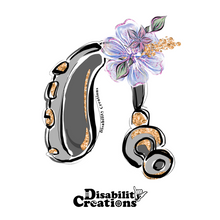 Load image into Gallery viewer, The design of the sticker. A grey and gold hearing aid. There is a small collection of flowers at the ear hook. The Disability Creations logo is on the bottom. 