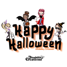 Load image into Gallery viewer, The design of the shirt. It says Happy Halloween! surrounded by four ladies in their Halloween costumes. On top of the &quot;Happy:&quot; on the top of the &quot;A&quot; is a bat using her wheelchair and on top of the second &quot;P&quot; is a vampire leaning on her cane. On top of the &quot;Halloween;&quot; on top of the &quot;H&quot; is a rabbit using her walker and on the top of &quot;N&quot; is a witch using her white cane.
