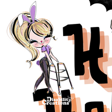 Load image into Gallery viewer, A closer look of the lady in a rabbit costume using her cane on top of the letter "H" for Halloween.