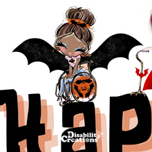Load image into Gallery viewer, A closer look of the lady in a bat costume using her wheelchair on top of the letter &quot;A&quot; for Happy.

