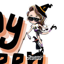 Load image into Gallery viewer, A closer look of the lady in a witch costume using her white cane on top of the letter "N" for Halloween.