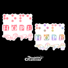 Load image into Gallery viewer, Two stickers, the pink-peach ombre on the left and the rainbow on the right..