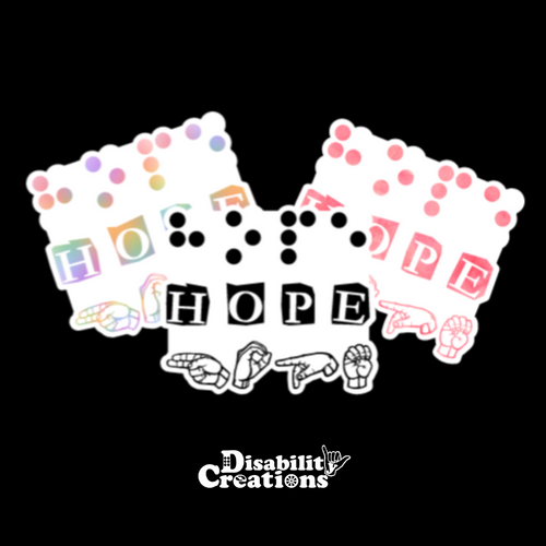 Three options of Hope stickers. The black option is in the center front. Two stickers in the back: the rainbow on the left and the pink-peach ombre. on the right. ⁠
