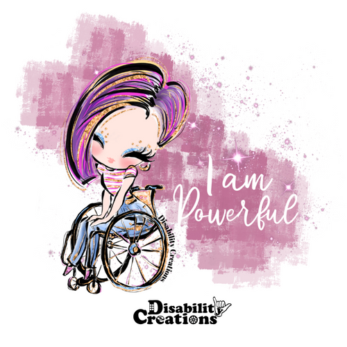 A cartoonish lady using a wheelchair with a sparkling mauve background. She wears a white and pink horizontal-striped shirt and blue jeans and has flirty eyelashes. Her purple hair with golden highlights is in a bob-style cut. On her right, it says, 