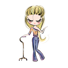 Load image into Gallery viewer, Lady With A Cane, Blond Hair Sticker: A cartoonish drawing of a woman holding her walking cane with her right hand and left hand is up in the air. She has pink lips, flirty eyelashes, long blond hair, wearing a one-shouldered golden top and blue jeans.