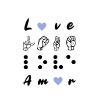 Load image into Gallery viewer, The sticker says "Love" in four different languages in white. The first line is "Love" in English. The letter "O" is replaced by a blue heart. The second line has 'Love" in American Sign Language- fingerspelling. The third line has "Love" in Braille. The four-line has "Love" in Spanish - Amor. The letter "O" is replaced by a blue heart.