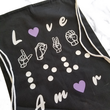 Load image into Gallery viewer, The Love in Four Languages with Purple Hearts Drawstring Bag