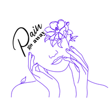 Load image into Gallery viewer, Purple one-line abstract illustration of a female mid-lower face and shoulders. Her hands are touching the sides of her face expressing pain. The line ends, creating a flower on the right side of her face. Replacing the top of her head is "Pain go away" in black letters.