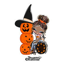 Load image into Gallery viewer, A sticker of a black lady with pumpkin dangling earrings, brown hair, and her wheelchair's wheels are black with pumpkins creating a circle. On her left side, three pumpkins are stacked with carved faces. The top pumpkin has a witch hat.