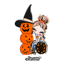 Load image into Gallery viewer, The design if the sticker. A sticker of a lady with pumpkin dangling earrings and her wheelchair's wheels are black with pumpkins creating a circle. On her left side, three pumpkins are stacked on each other with carved faces. The top pumpkin has a witch hat.