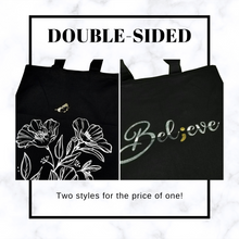 Load image into Gallery viewer, Shows both sides of the Suicide Awareness Semicolon Butterfly Tote Bag. Below it says, "Two styles for the price of one!