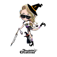 Load image into Gallery viewer, The design of the sticker, A cartoonish witch holding a white cane in her right hand, a poison bottle in her left hand, and her left leg swinging back. Her blond hair and black sunglasses have tints of purple, blue, pink, and blond highlights. She wears a black witch hat with a yellow moon,  a white shirt with a witch&#39;s cauldron, black shorts, and black witch boots with purple line socks. There is a black cat behind her wearing a witch hat.
