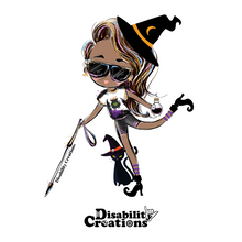 Load image into Gallery viewer, The design of the sticker, A cartoonish black witch holding a white cane in her right hand, a poison bottle in her left hand, and her left leg swinging back. Her brown hair and black sunglasses have tints of purple, blue, pink, and blond highlights. She wears a black witch hat with a yellow moon,  a white shirt with a witch's cauldron, black shorts, and black witch boots with purple line socks. There is a black cat behind her wearing a witch hat.
