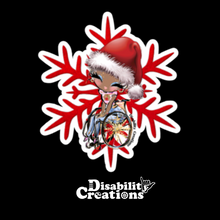 Load image into Gallery viewer, A sticker of a black lady wearing a Santa Claus hat, her shirt has a Christmas hot chocolate design, and her wheelchair&#39;s wheels have golden snowflakes. She sits in front of a large red snowflake.
