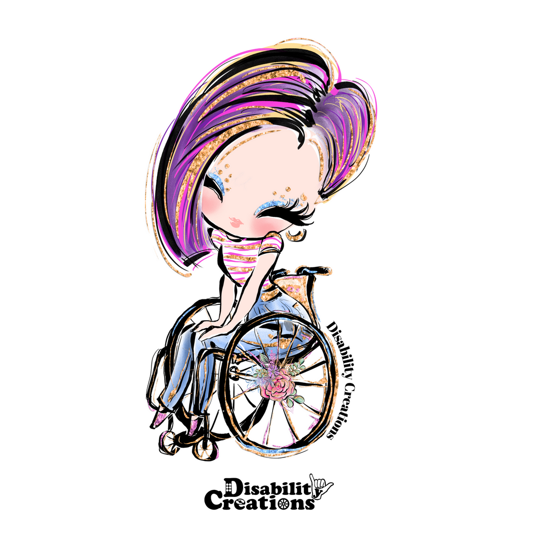 A Lady Using A Wheelchair with Bob Hair Style, Purple Hair Sticker