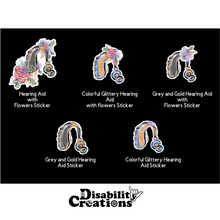 Load image into Gallery viewer, Black background featuring the hearing aid stickers collection. The Disability Creations logo is on the bottom center.
